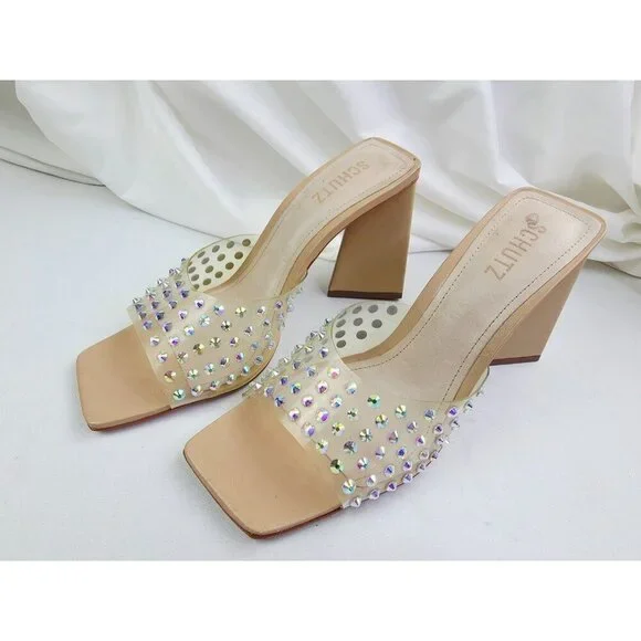 Schutz Size 10B Womens Lizah Crystal Slip On Studded Open Square Toe Heels - Picture 9 of 14